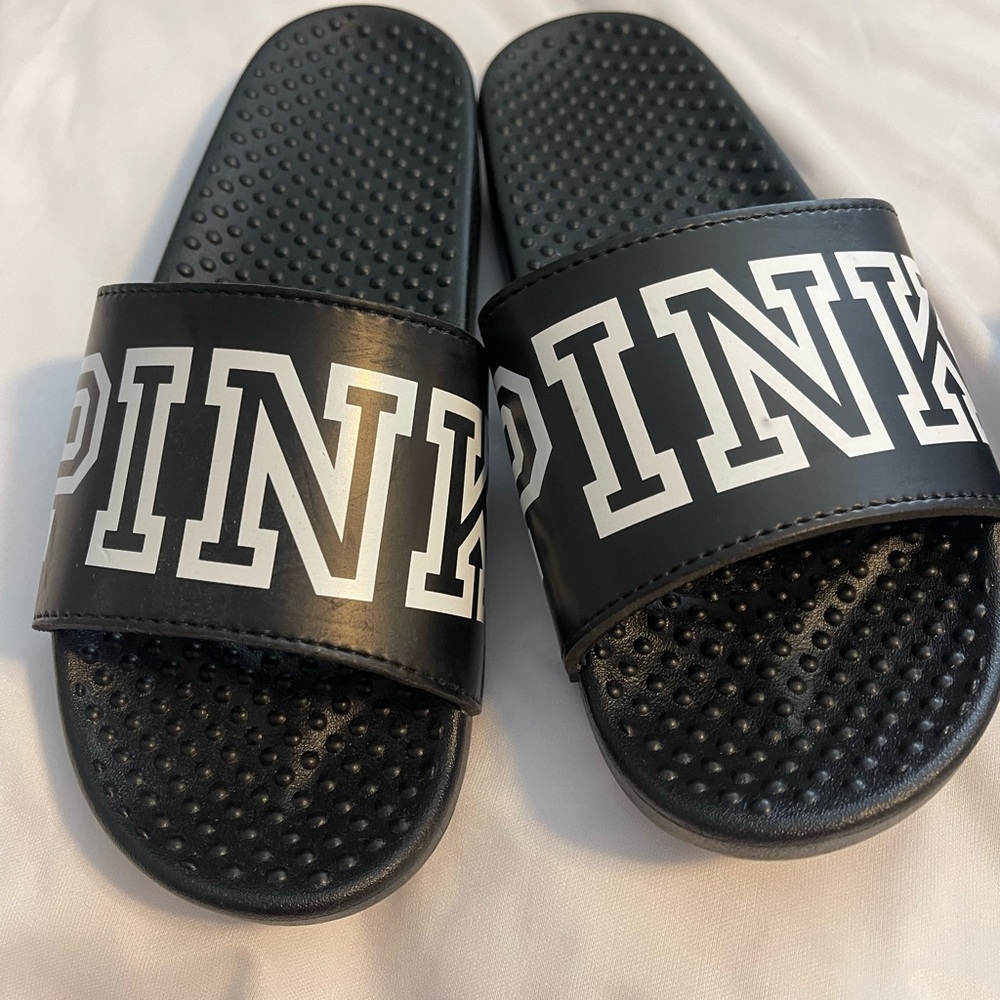 PINK Black Slide Sandals
